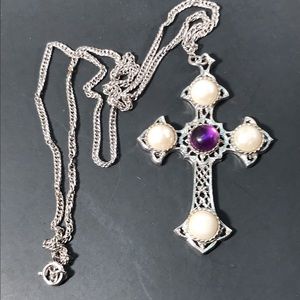 Sarah Coventry silver tone cross with purple and pearl accents